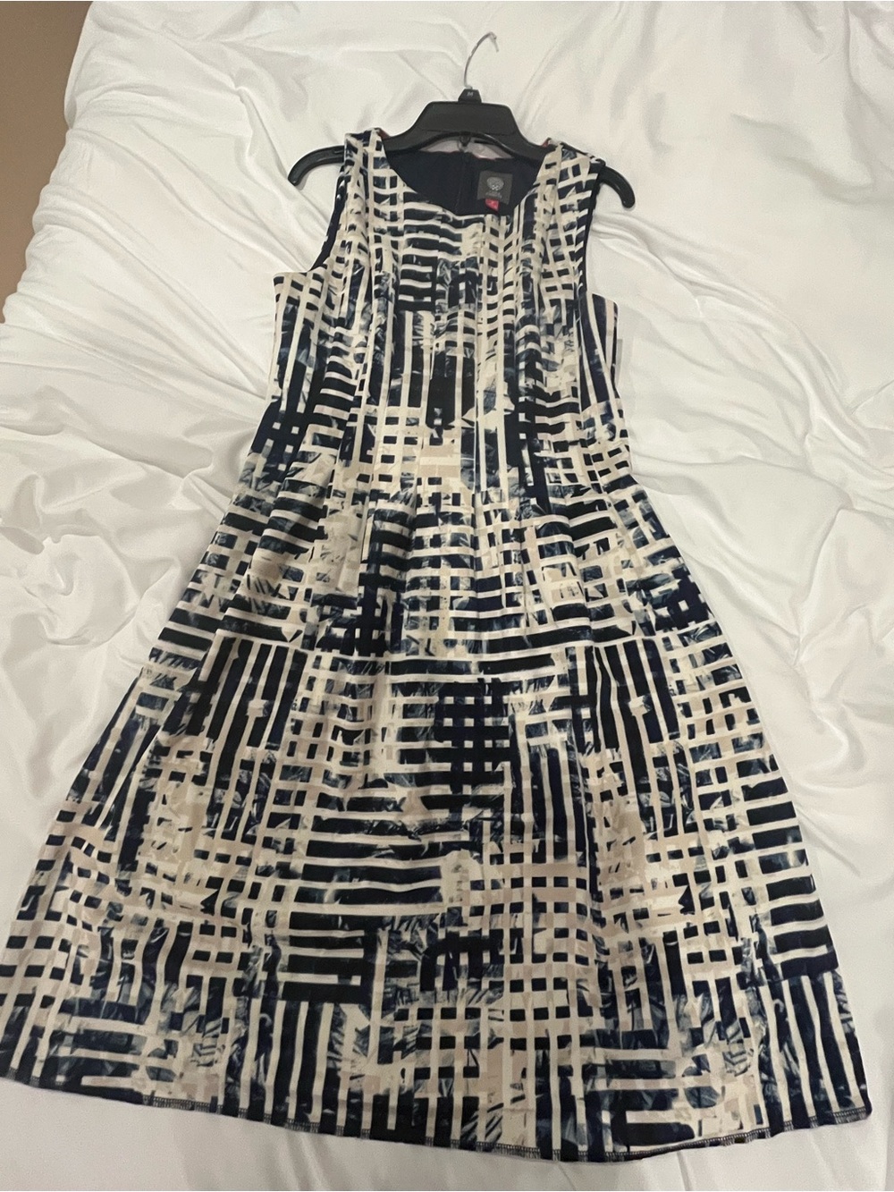 Vince Camuto Navy and Cream Grid-Print Sleeveless Midi Dress